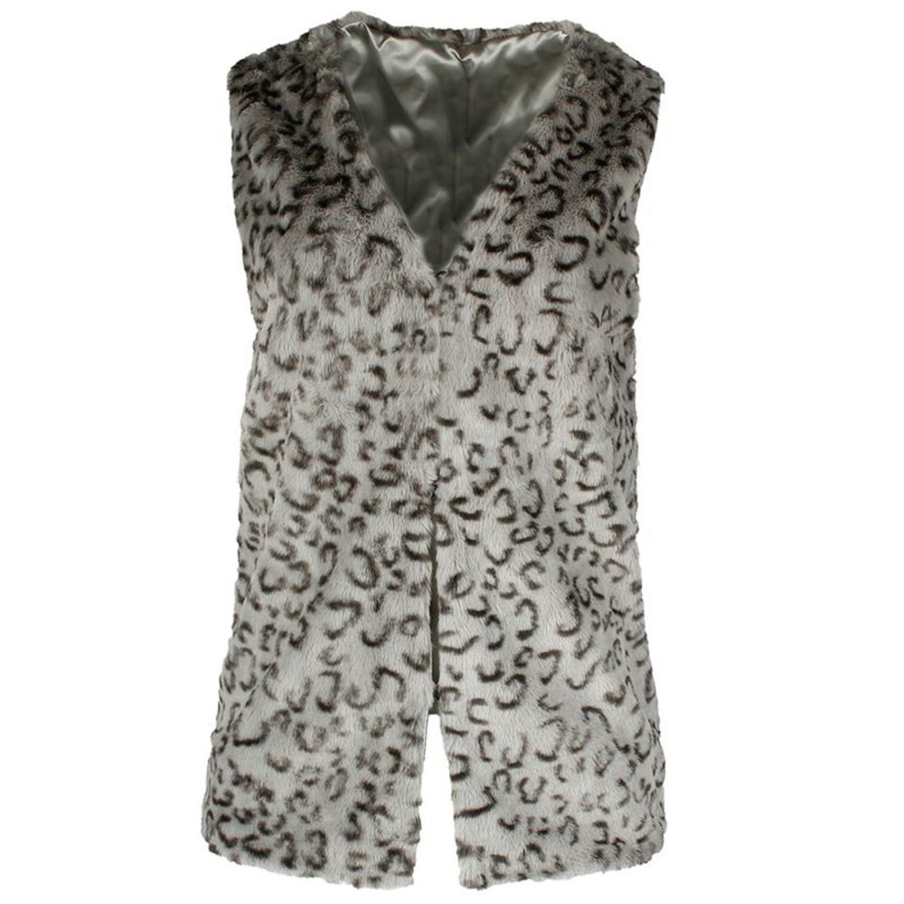Justin & Taylor Women's Leopard Print Faux Fur Open Front Vest Grey